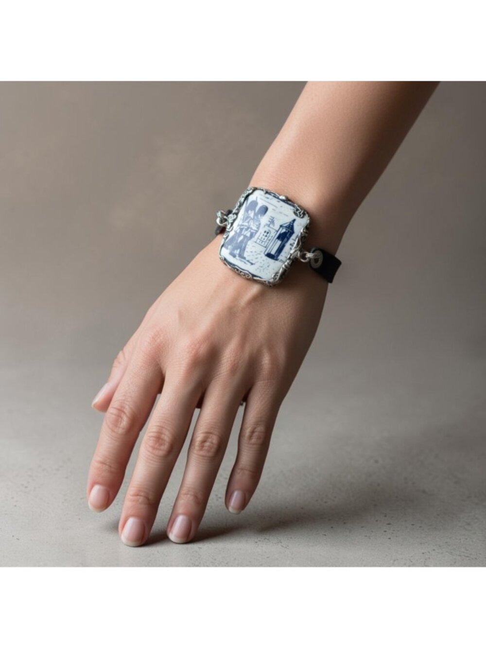 Blue Willow Nutcracker China Leather Bracelet With Silver Blend Bezel Artisanal - Picture 11 of 16